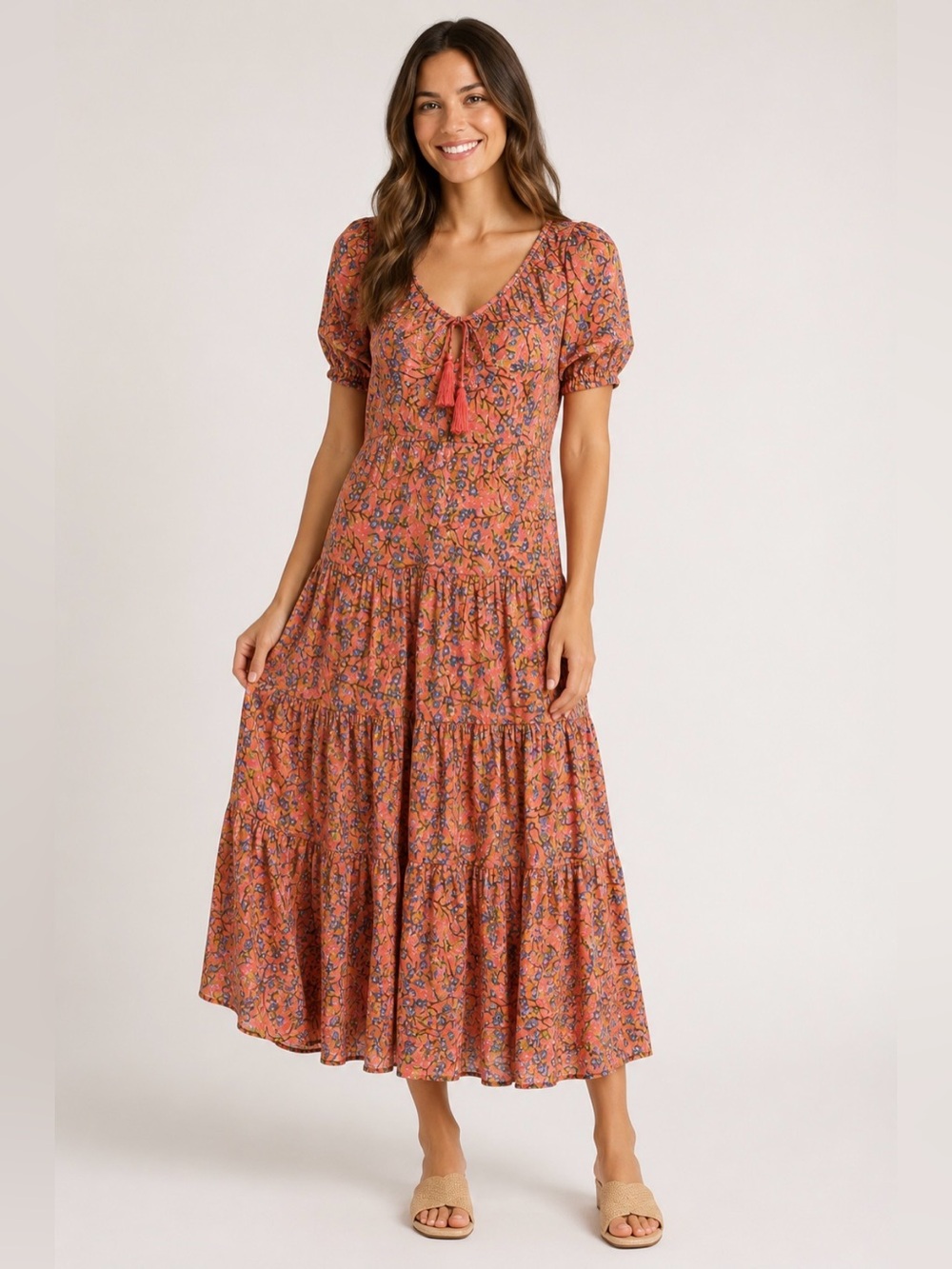 NWT Maisie Pink Floral Tiered Cotton Midi Dress Small Boho Cottagecore